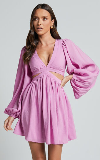 Klarika Mini Dress - Bishop Sleeve Cut Out Dress in Rose