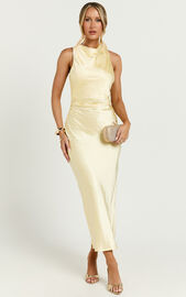 Aluna Midi Dress - High Neck Cross Back Satin Slip Dress in Lemon | Showpo