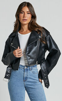 Bertha Jacket - Faux Leather Biker Jacket in Black