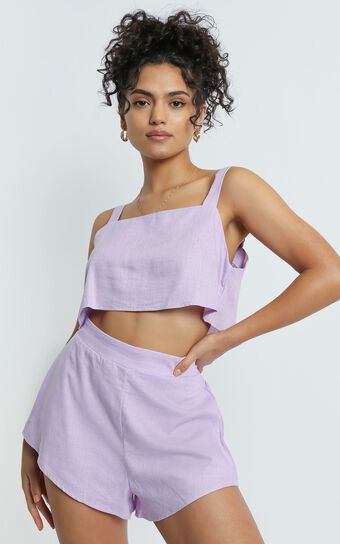 Zanrie Square Neck Crop Top and High Waist Mini Flare Shorts in Lilac Linen Look
