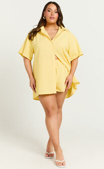 Vina Del Mar Two Piece Set - Linen Look Shirt and Shorts Set in Yellow