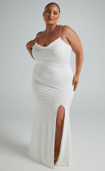 Tasteful Midi Dress - Cowl Neck Bodycon Thigh Split Dress in White