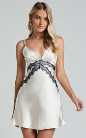 Elias Mini Dress - Lace Detail Aline Satin Dress in Champagne | Showpo USA