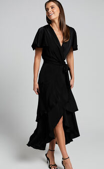 Glena Midi Dress - V Neck Short Flutter Sleeve Wrap in Black