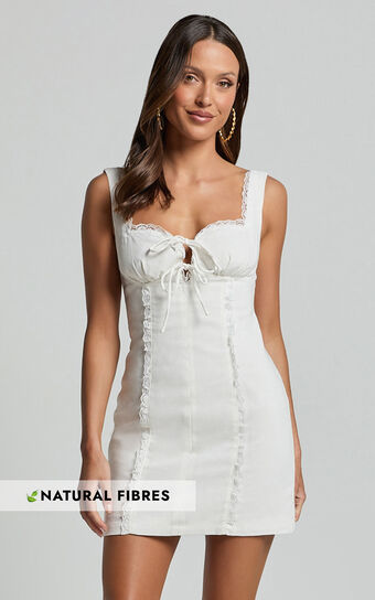 Flynn Mini Linen Blend Dress - Lace Trim Square Neck Tie Front Dress in Ivory