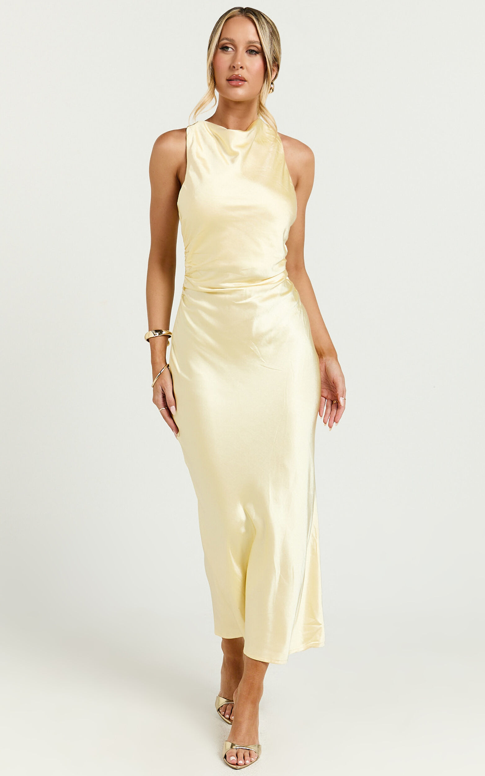 Aluna Midi Dress - High Neck Cross Back Satin Slip Dress in Lemon | Showpo