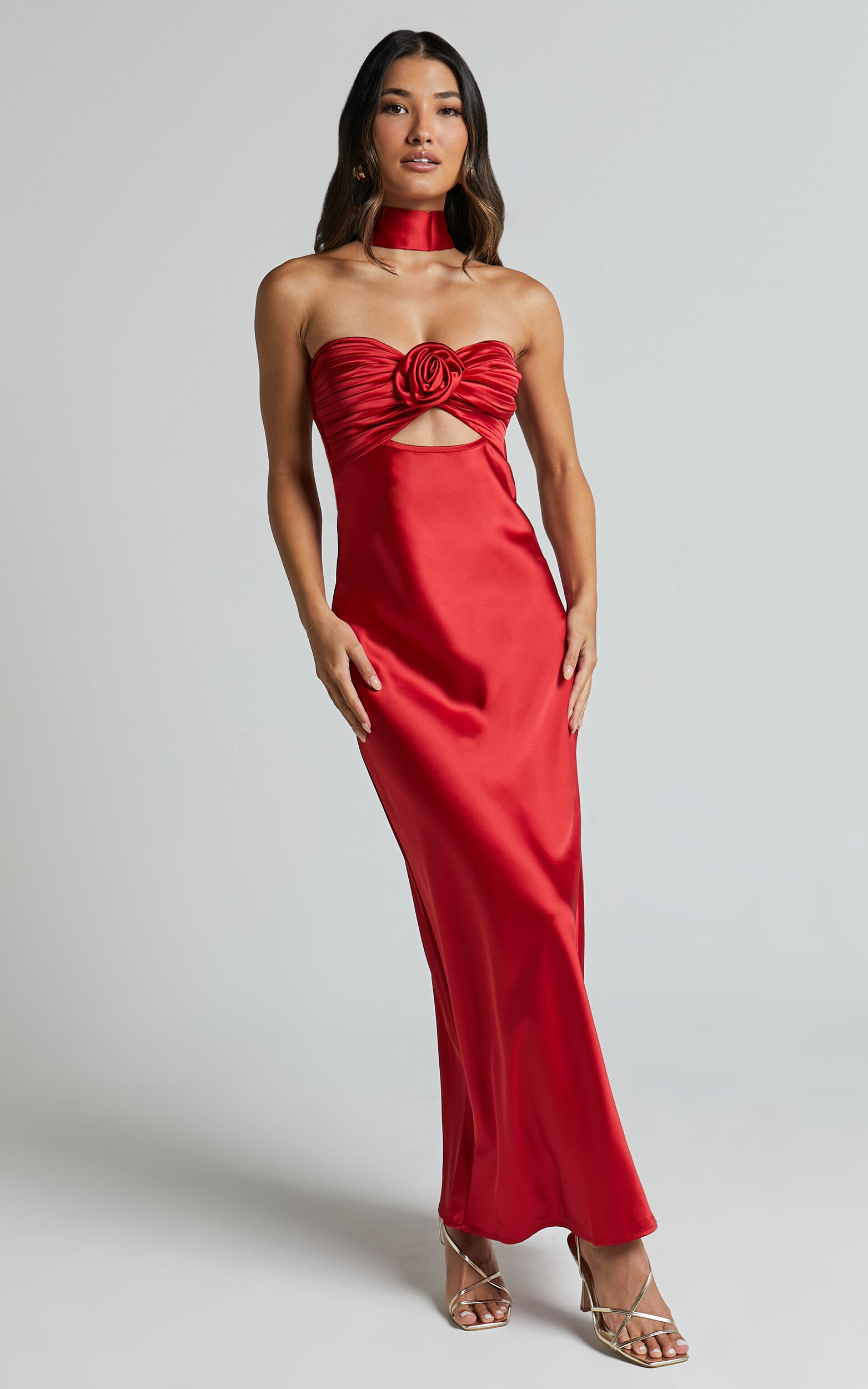 Cady Maxi Dress Ruched Bust Rosette Detail Satin Dress in Red Showpo USA