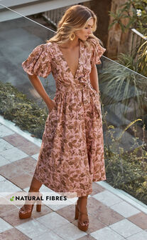Amalie The Label - Franc Linen Puff Sleeve Wrap Midi Linen Dress in Vahala Print