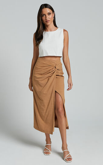Marieta Midi Skirt - Linen Look Knot Front Skirt in Biscuit