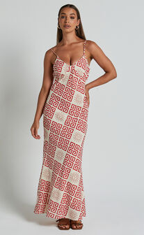 Zinnia Midi Dress - Strappy Linen Slip Dress in Beige/Red Greek Sun Print