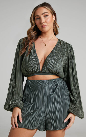 Archer Shorts - High Waisted Plisse Shorts in Olive
