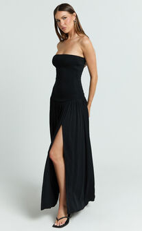 Harlee Maxi Dress - Strapless Drop Waist Knit Bodice Full Gathered Skirt Dress in Black