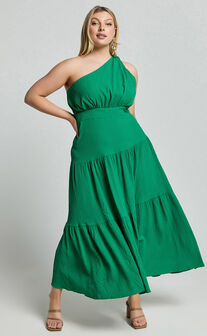 Celestia Midi Dress - Tiered One Shoulder Dress in Green