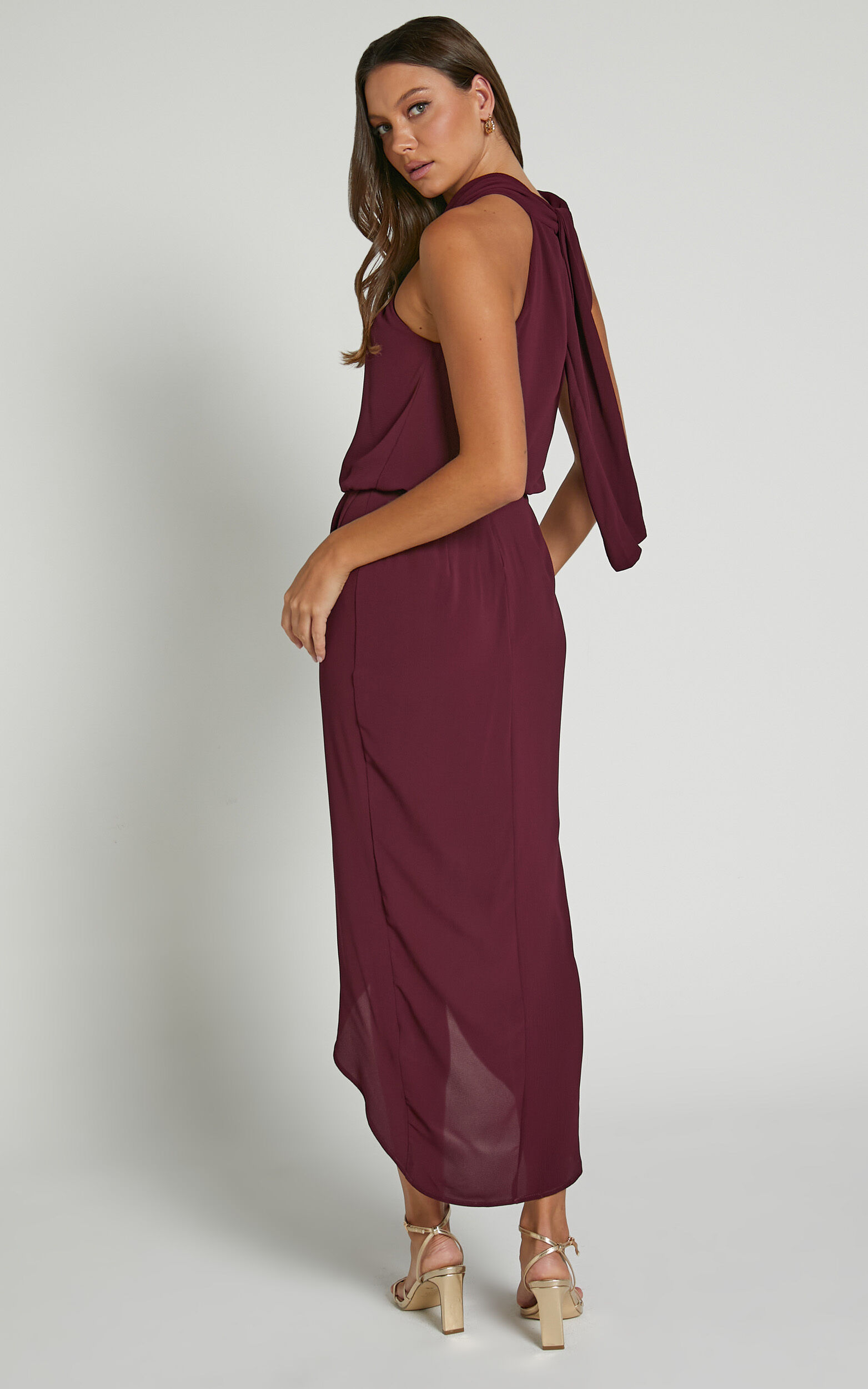 Sofiah Midi Dress Twist Halterneck Split Dress in Merlot Showpo EU