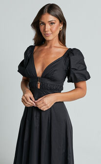 Erenza Maxi Dress - Extended Sleeve Wrap Dress in Black Flower Field