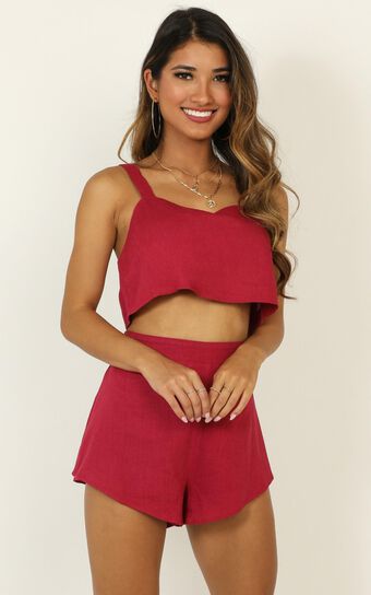 Zanrie Square Neck Crop Top and High Waist Mini Flare Shorts in Berry Linen Look