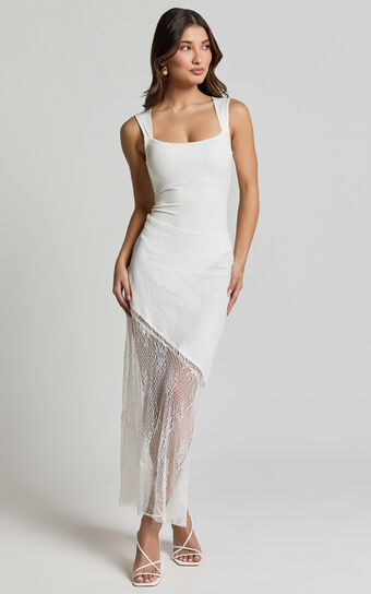 Carina Midi Skirt - Mid Waist Lace Asymmetrical Skirt in Ivory