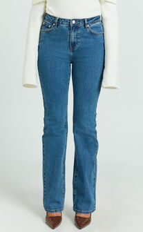 Inez Jeans - Mid Rise Slim Straight Bootcut Jeans in Dark Blue Wash