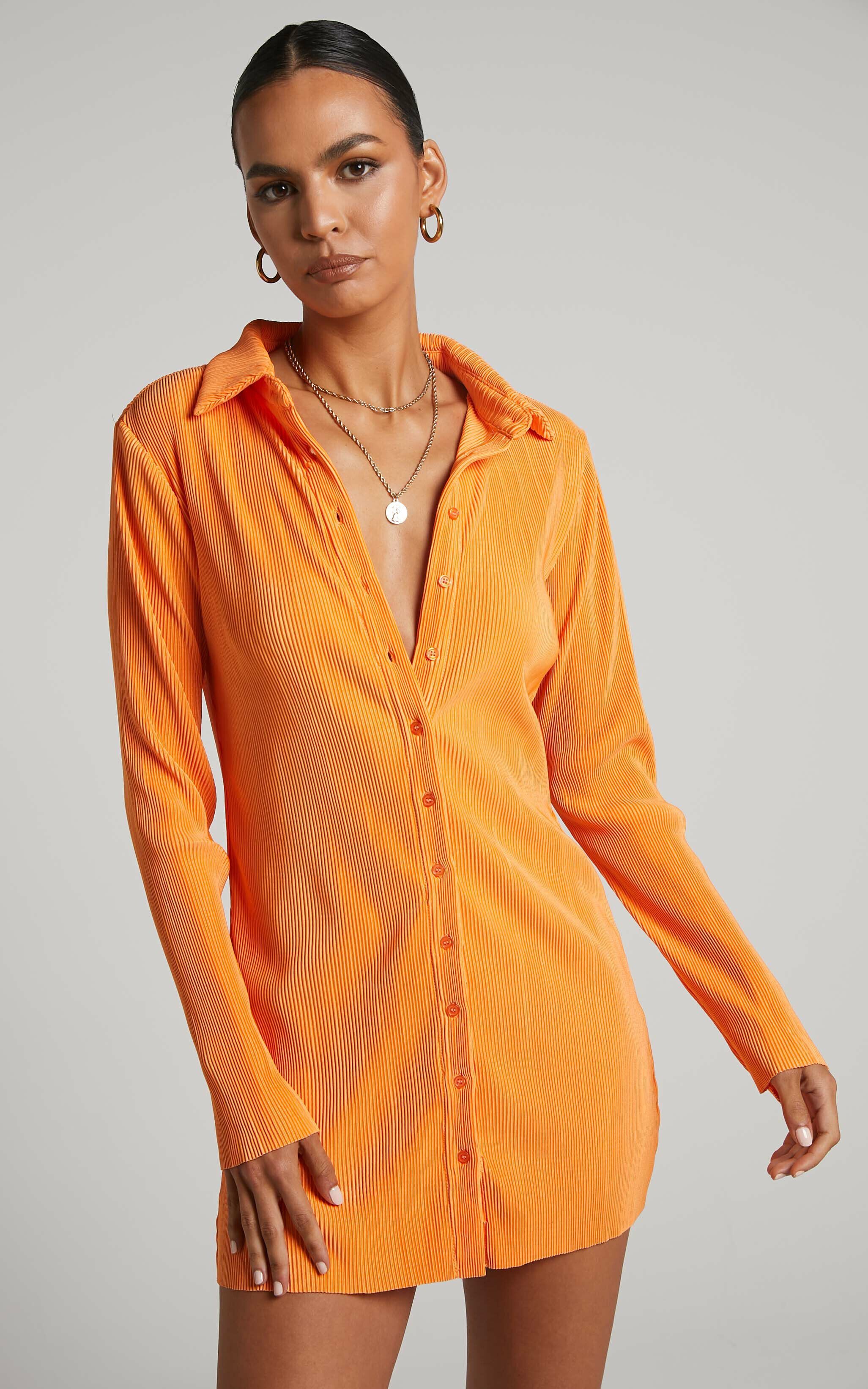 Amarante Mini Dress Plisse Button Up Shirt Dress in Orange