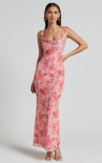 Nadine Maxi Dress - Cowl Neck Low Back Mesh Slip Dress in Pink Floral