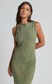 Jessenia Midi Dress - Linen Look High Neck Dress in Olive | Showpo USA