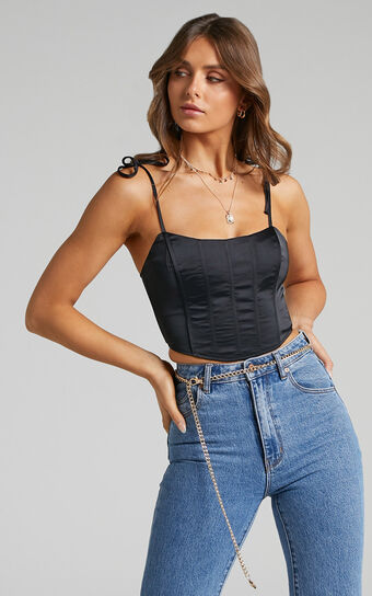 Sweet Disguise Top - Shoulder Tie Corset Top in Black