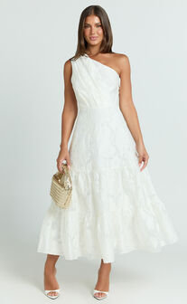 Nadette Midi Dress - One Shoulder Pleated Tiered Dress in White