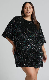 Valetta Mini Dress - Sequin low back shift dress in Midnight Blue Sequin