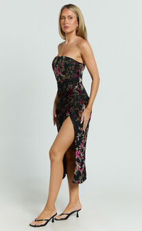 Jessell Midi Dress - High Split Strapless Dress in Black Floral