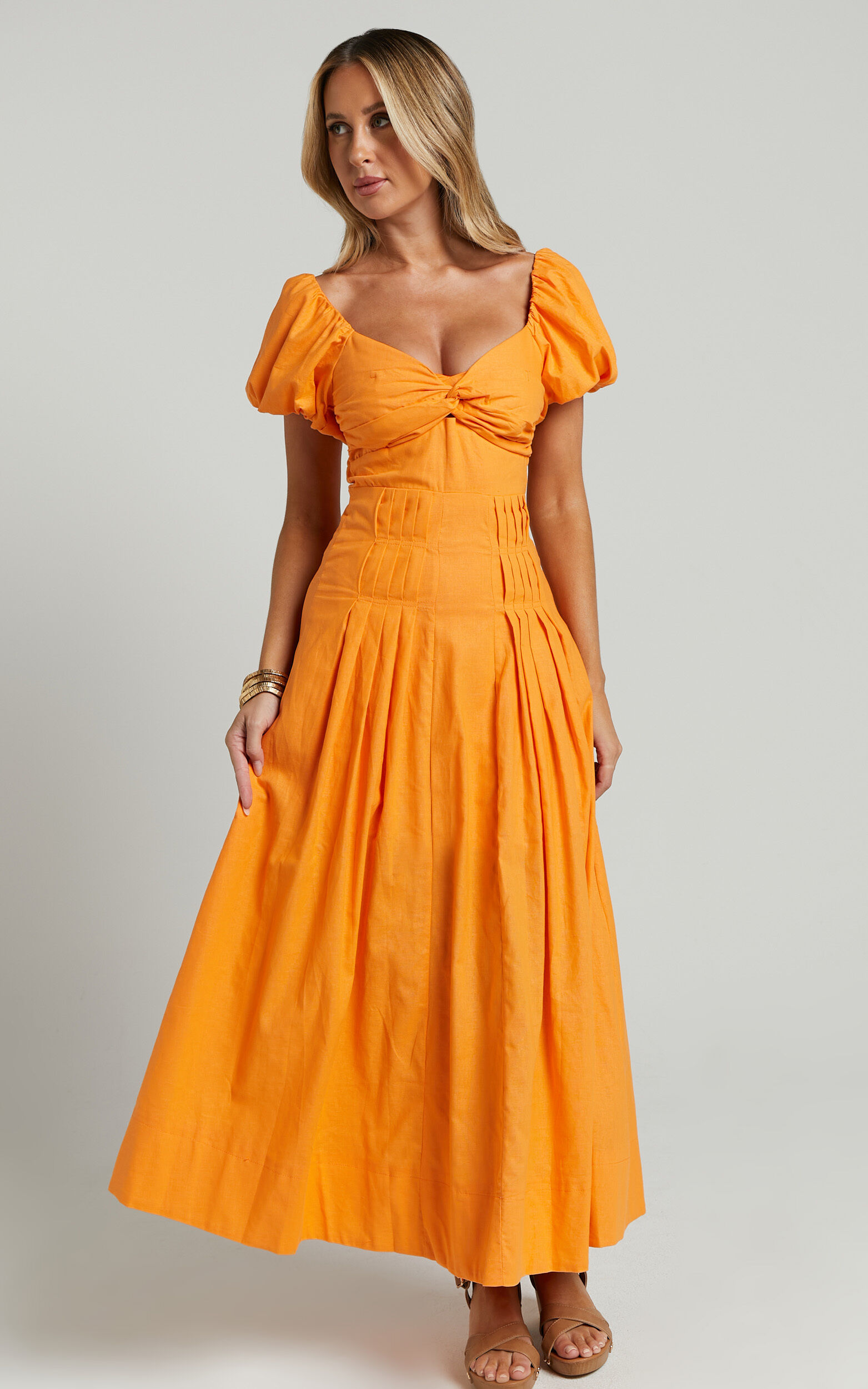 Viviana Midi Dress Sweetheart Puff Short Sleeve Dress in Orange