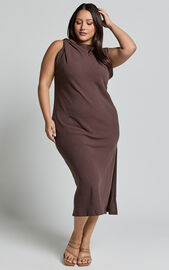 Jessenia Maxi Dress - Linen Look High Neck Dress in Chocolate | Showpo USA