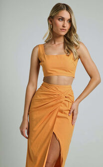 Gibson Two Piece Set - Linen Look Crop Top and Knot Front Midi Skirt Set in Orange