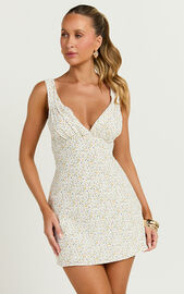 Amalea Mini Dress - Wide Strap Ruched Bust Dress in Blue & Yellow Ditsy ...