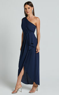 Namaari Midi Dress - Faux Wrap One Shoulder Dress in Navy