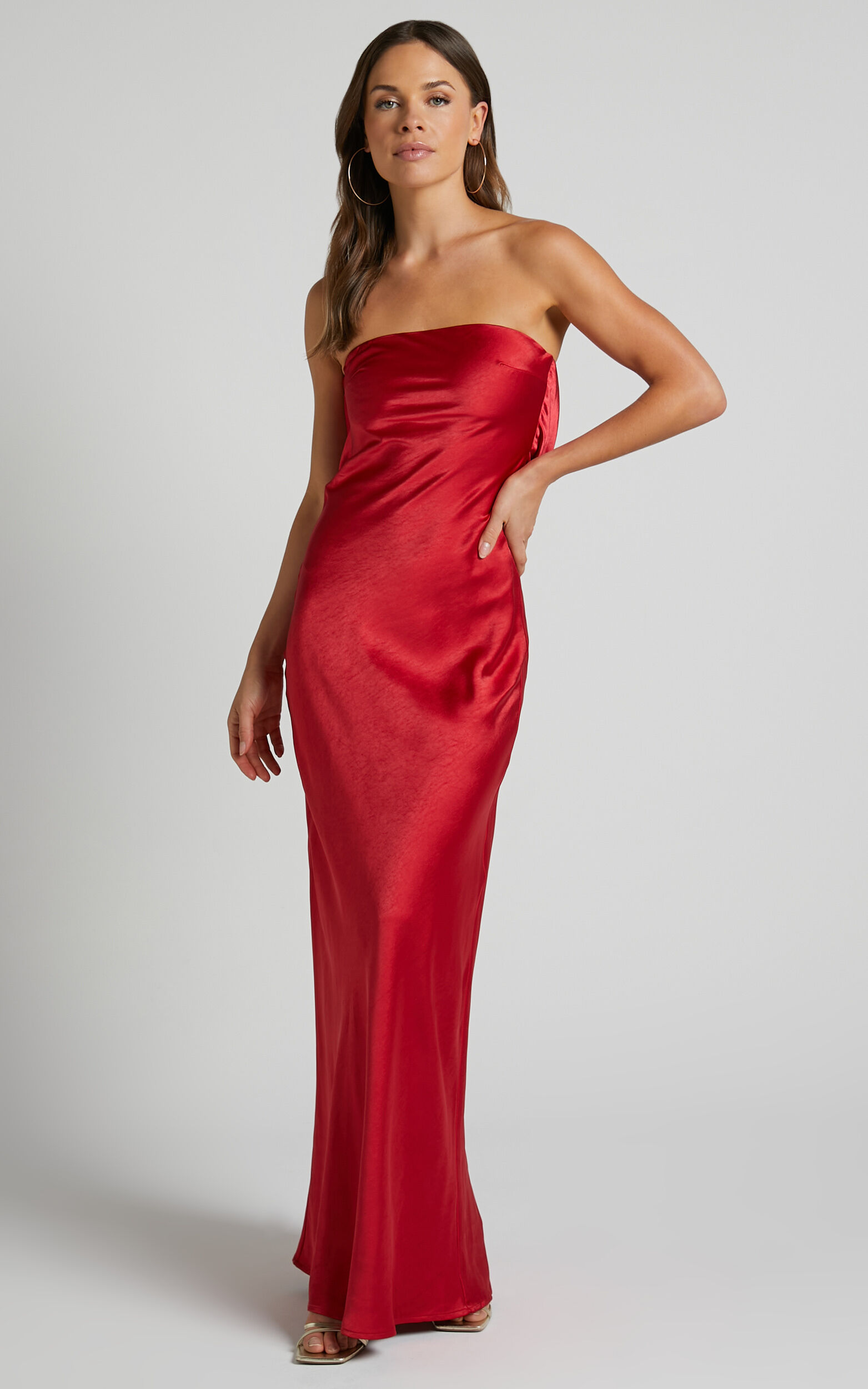 Red satin strapless dress discount