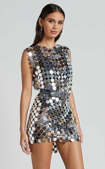Cece Mini Skirt - Circle Sequin Bodycon Skirt in Silver