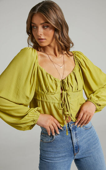 Nadine Top - Long Sleeve Ruched Bust Top in Chartreuse