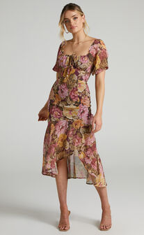 Jasalina Midi Dress - Puff Sleeve Dress in Classic Floral