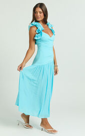 Memie Midi Dress - Drop Waist Ruffle Sleeve Dress in Blue | Showpo USA