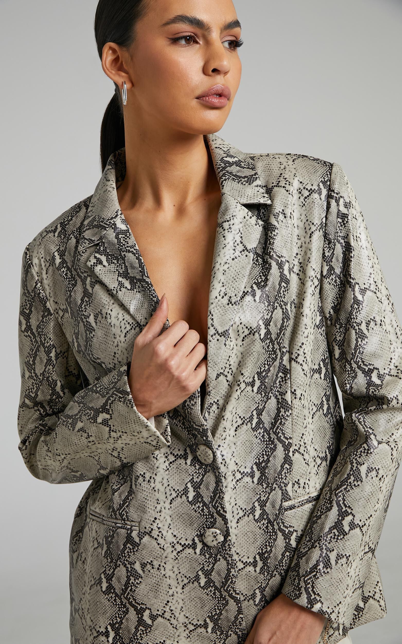 Tyanne Blazer Faux Leather Snake Print Blazer in Nude Snake Showpo USA