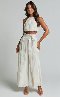 Briana Two Piece Set - High Neck Top and Paperbag High Waist Plisse Pants Set in Cream