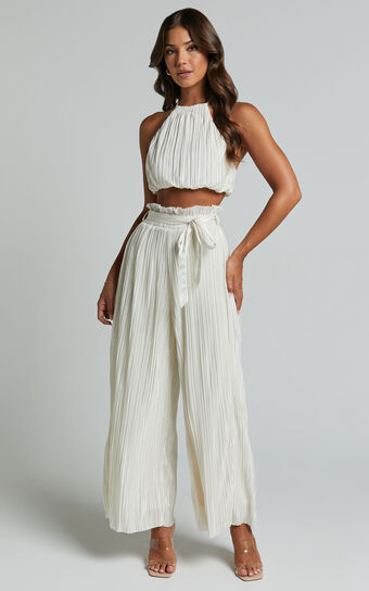Briana Two Piece Set - High Neck Top and Paperbag High Waist Plisse Pants Set in Cream Showpo