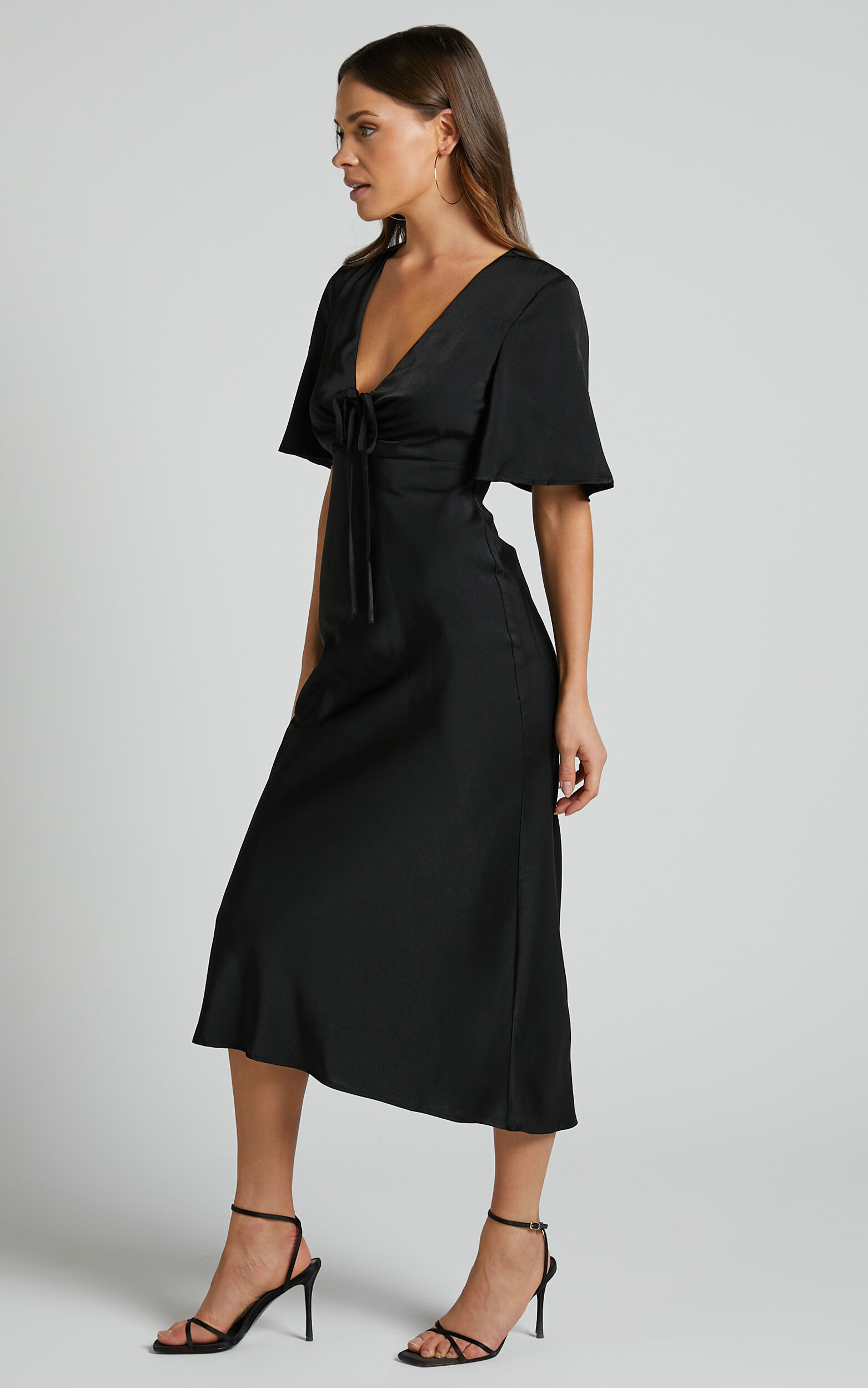 Nicholla Midi Dress - Ruched Front Angel Sleeve Slip Dress