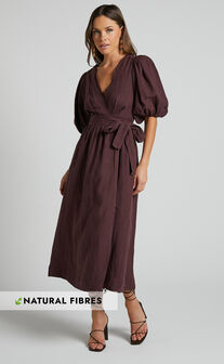 Amalie The Label - Franc Linen Puff Sleeve Wrap Midi Dress in Dark Plum