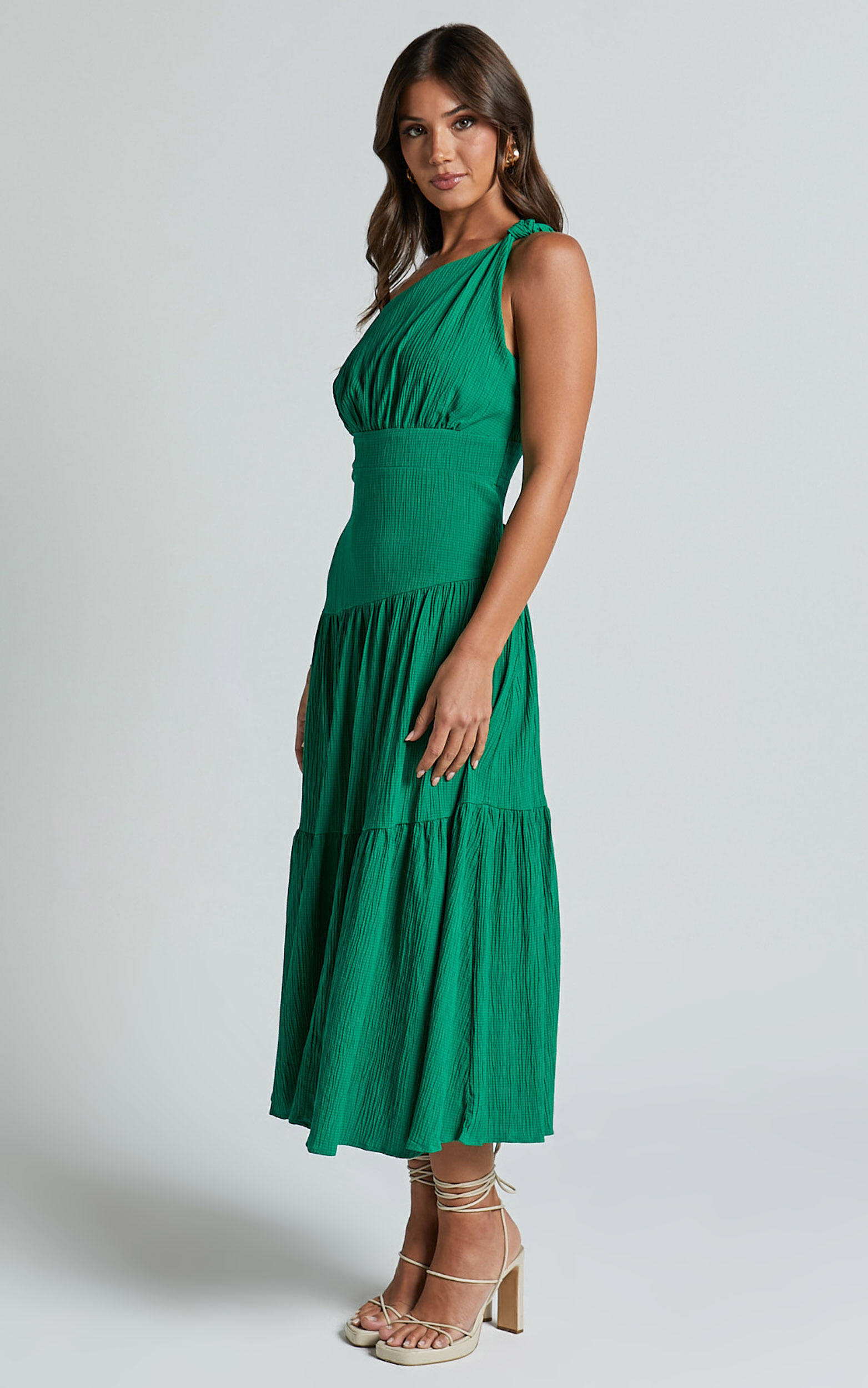 Celestia Midi Dress - Tiered One Shoulder Dress in Green | Showpo