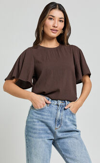 Enzo Top - Flutter Sleeve Scoop Neck Top in Dark Oak