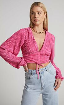 Jondra Blouse - Ruched Front Long Sleeve Plisse Blouse in Pink
