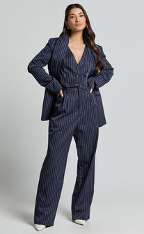 Iyah Top - V Neck Button Up Cropped Vest in Navy Pinstripe