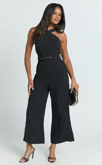 Tracy Jumpsuit - Diamond Neck Belted Straight Leg Jumpsuit in Black