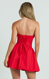 Brooke Mini Dress - Strapless Lace Trim Drop Waist Fit And Flare Dress in Red